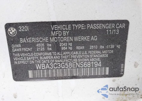 2014 BMW 320I xDrive from USA, damaged, VIN WBA3C3G58ENS68194